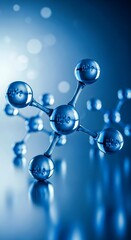 abstract blue background with molecule, Detailed model of atom showing electrons neutrons and protons. Atom model with electrons orbiting nucleus. Science model of atomic structure with particles.