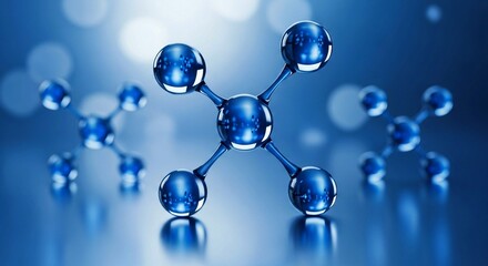 abstract blue background with molecule, Detailed model of atom showing electrons neutrons and protons. Atom model with electrons orbiting nucleus. Science model of atomic structure with particles.