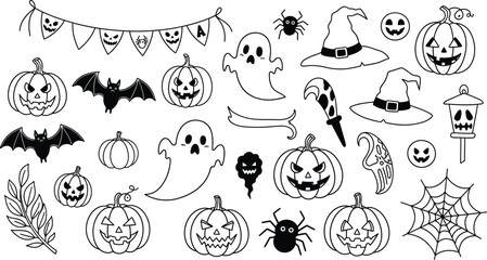 Big set of halloween silhouettes black icon and character. Design of witch, creepy and spooky elements for halloween decorations, sketch, icon, sticker. 