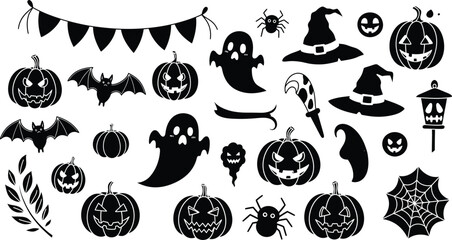 Big set of halloween silhouettes black icon and character. Design of witch, creepy and spooky elements for halloween decorations, sketch, icon, sticker. 