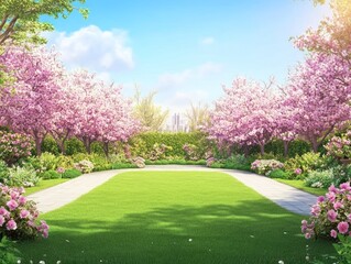 Lush spring garden with blossoming trees and manicured lawns.  Cityscape in the background