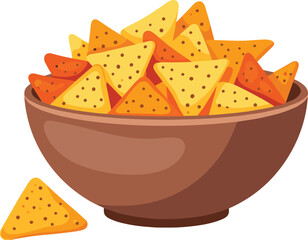 Bowl of Golden Nachos Enjoyed as a Snack at a Party: Crunchy Tortilla Chips in an Earthenware Bowl for Mexican Cuisine, Perfect for Social Gatherings and Events, Illustration Style for Food Presentati