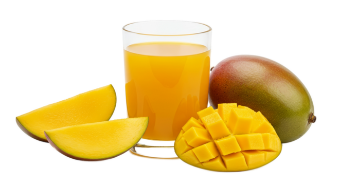 Juicy Mango Juice In Glass With Fresh Mango Slices And Whole Fruit On Yellow Background