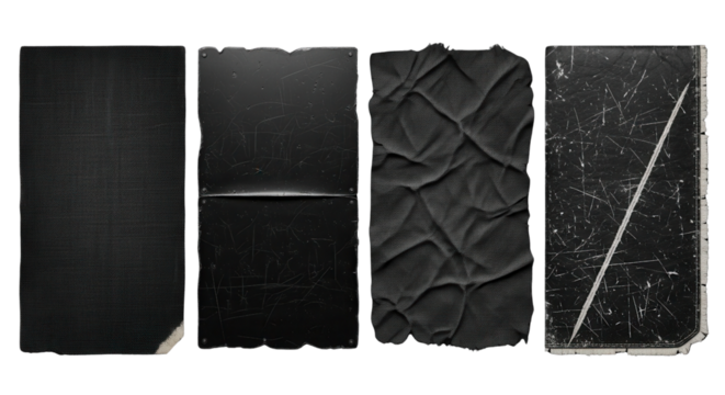 Four different black textured rectangles isolated PNG with Transparent Background