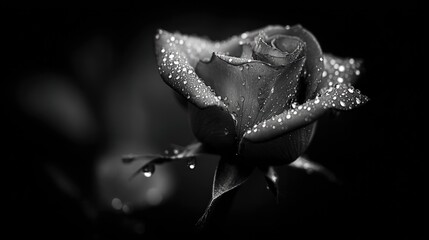 Single dew covered rose blossom appears dramatically against a pure black background