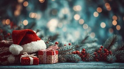Festive light blue Christmas background with fir branches, Santa's hat, gifts, garlands, bokeh effect, with space for text, horizontal banner