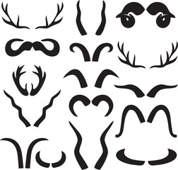 Hunting wild animals, deer, goat horns antlers silhouettes. Moose, deer, ram, goat, bison horns black silhouette vector illustration set. Trophy hoofed animals
