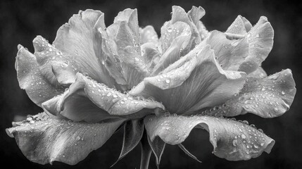 Detailed close up photograph captures dew droplets clinging to delicate, textured petals of a blooming flower against a dark backdrop