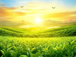 Lush tea plantation at sunrise (1)