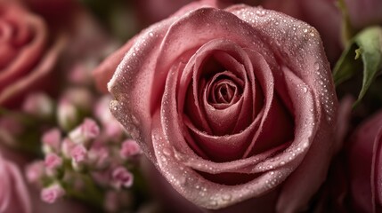 Extreme close up captures dew covered petals of a mauve blooming flower