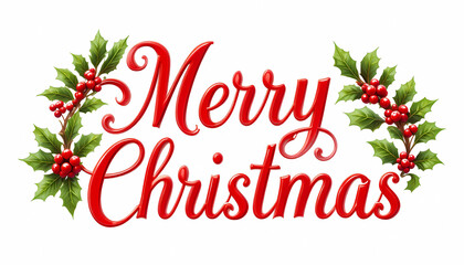 Merry christmas text with holly berry wreath isolated on white background for festive designs