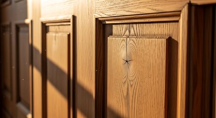 Detailed view of an elaborate wooden door, showcasing intricate craftsmanship