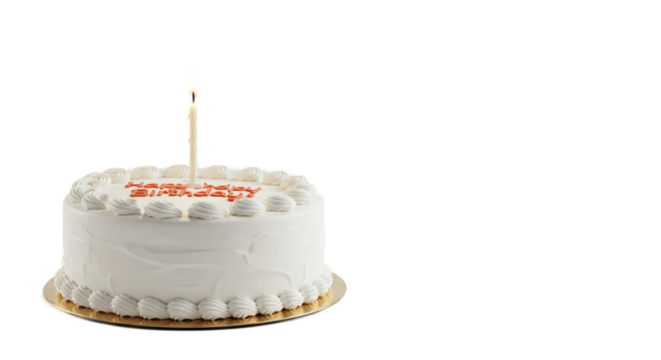 Lit Birthday Cake With One Candle And Red Text On Creamy White Background