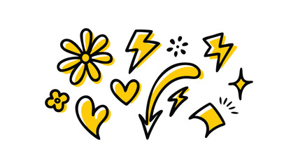 Fototapeta premium Yellow and Black Hand Drawn Doodle Icons of Flowers Hearts and Lightning Bolts illustration