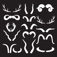 Hunting wild animals, deer, goat horns antlers silhouettes. Moose, deer, ram, goat, bison horns black silhouette vector illustration set. Trophy hoofed animals