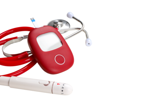 Diabetes monitoring tools alongside a stethoscope, isolated, PNG