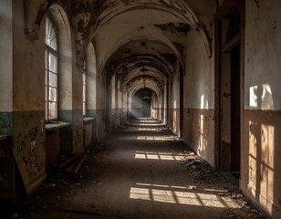 Fototapeta premium An abandoned, decaying, long corridor with arched ceiling