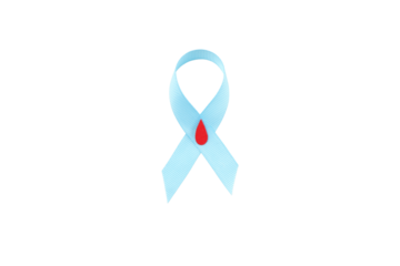 Light blue ribbon with red droplet for diabetes, isolated, PNG