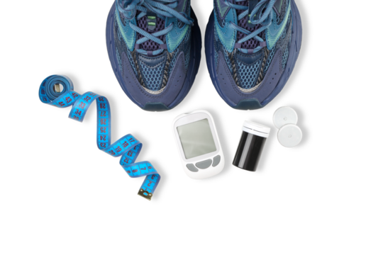 Sneakers with diabetes monitoring tools and measuring tape, PNG