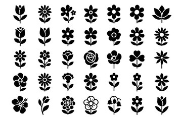 Solid Black Flower Icon Set – Minimalist Floral Silhouette Symbols Collection for Logo, Pattern, and Design Elements