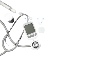 Glucose meter, stethoscope, insulin, and lancets, isolated, PNG