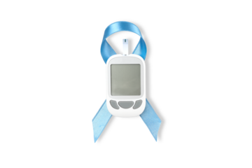 Glucose meter with a light blue diabetes ribbon, isolated, PNG