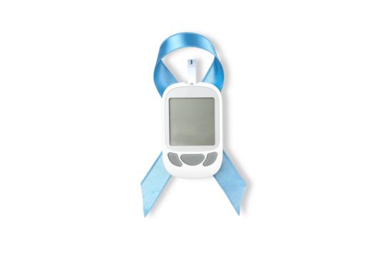 Glucose meter with a light blue diabetes ribbon, isolated, PNG