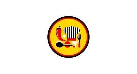 Vibrant culinary emblem featuring a chef's hat, chili pepper, spoon, and fork, perfect for restaurant branding, food blogs, and cooking show logos