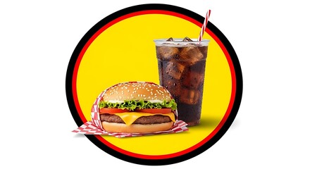 Juicy gourmet burger stacked high with fresh toppings and melted cheese served alongside a frosty cold cola with ice and straw, perfect for fast food promotions and restaurant advertising