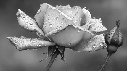 Close up view captures a delicate rose blossom covered in numerous glistening droplets next to a tight bud