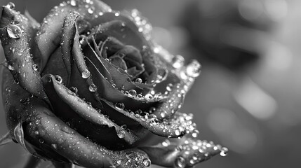 Dark rose petals covered with numerous glistening droplets are captured in a  monochrome shot