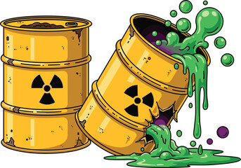 Leaking Radioactive Waste Barrels in Abandoned Industrial Site Illustration, Depicting Environmental Hazard and Danger, Suitable for Pollution Awareness Campaigns, Science Education, Graphic Design Pr