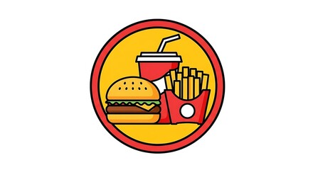 Vibrant fast food icon featuring a delicious burger, crispy fries, and a refreshing drink, perfect for menus, apps, and branding.