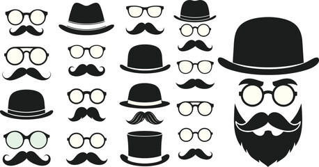 Gentlemen's Accessories Collection: A Vintage Fashion Set for Creative Projects, Featuring Iconic Hats, Moustaches and Glasses for Barbershops, Themed Parties, and Retro-Inspired Branding. Ideal for I