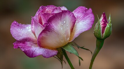 Bicolor rose blossom displaying moisture droplets alongside an unopened bud against a muted background
