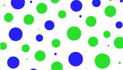 A vibrant, abstract pattern of scattered polka dots in bright green and blue of varying sizes against a clean white background.