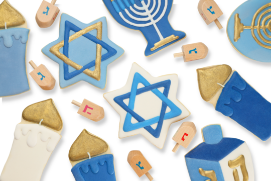 Blue and white Hanukkah dreidel and star cookies, isolated, PNG