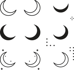 Magic moon set. Vector lunar collection with moons, stars, sunbursts. Graphic elements for astrology, esoteric, tarot, mystic and magic prints, posters, banners, pattern or backgrounds.