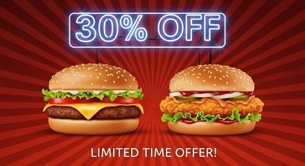 Grab your favorite juicy burgers and crispy chicken sandwiches with an amazing 30% off during this limited time offer event, tempting hungry customers to savor delicious deals now!
