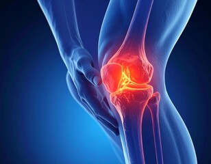 Anatomical rendering of the human knee, highlighted with inflammation