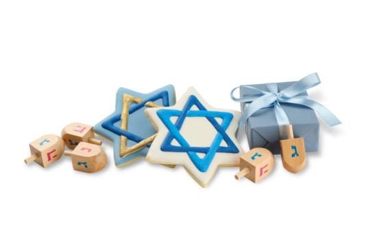 Star cookies and dreidels with a gift box, isolated, PNG