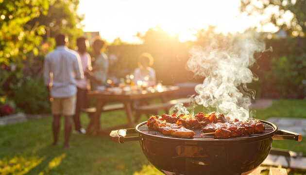 Summer BBQ and Social Gathering: capturing a vivid outdoor scene as a group enjoys a summertime gathering, a hot barbecue grill in foreground, with smoke rising in the air.