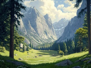 Lush valley nestled amongst towering peaks. Sunlight dapples the meadow