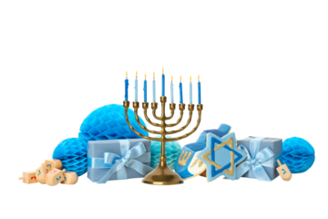 Menorah with blue candles and holiday gifts, isolated, PNG