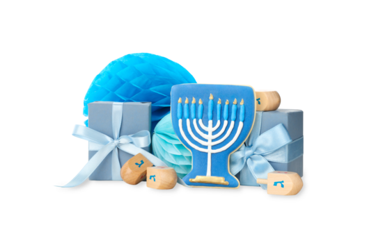 Show blue gifts, honeycomb decor, and menorah cookie, isolated, PNG