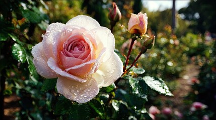 Dew covered pale pink rose blooms prominently in a garden setting bathed in sunlight