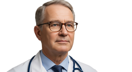 Mature Doctor Wearing Glasses and Stethoscope with Blurred Background