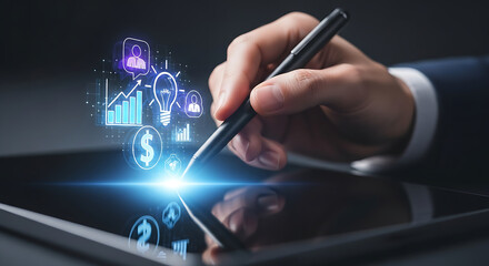 A hand using a stylus on a tablet displaying business and financial related graphic icons overlayed