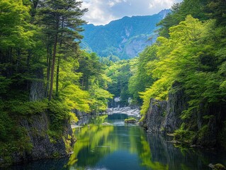 Lush valley with a serene river reflecting mountains