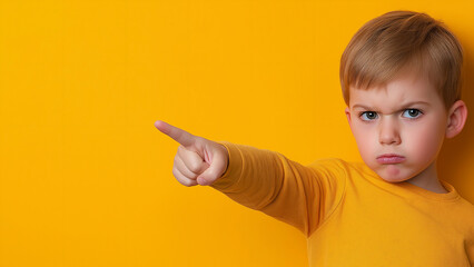 Angry white boy pointing a finger, copy space
